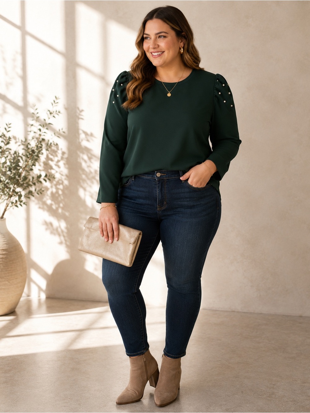 Ann Taylor XL Emerald Green Pearl Puff Sleeve Blouse Crepe Top Quiet Luxury